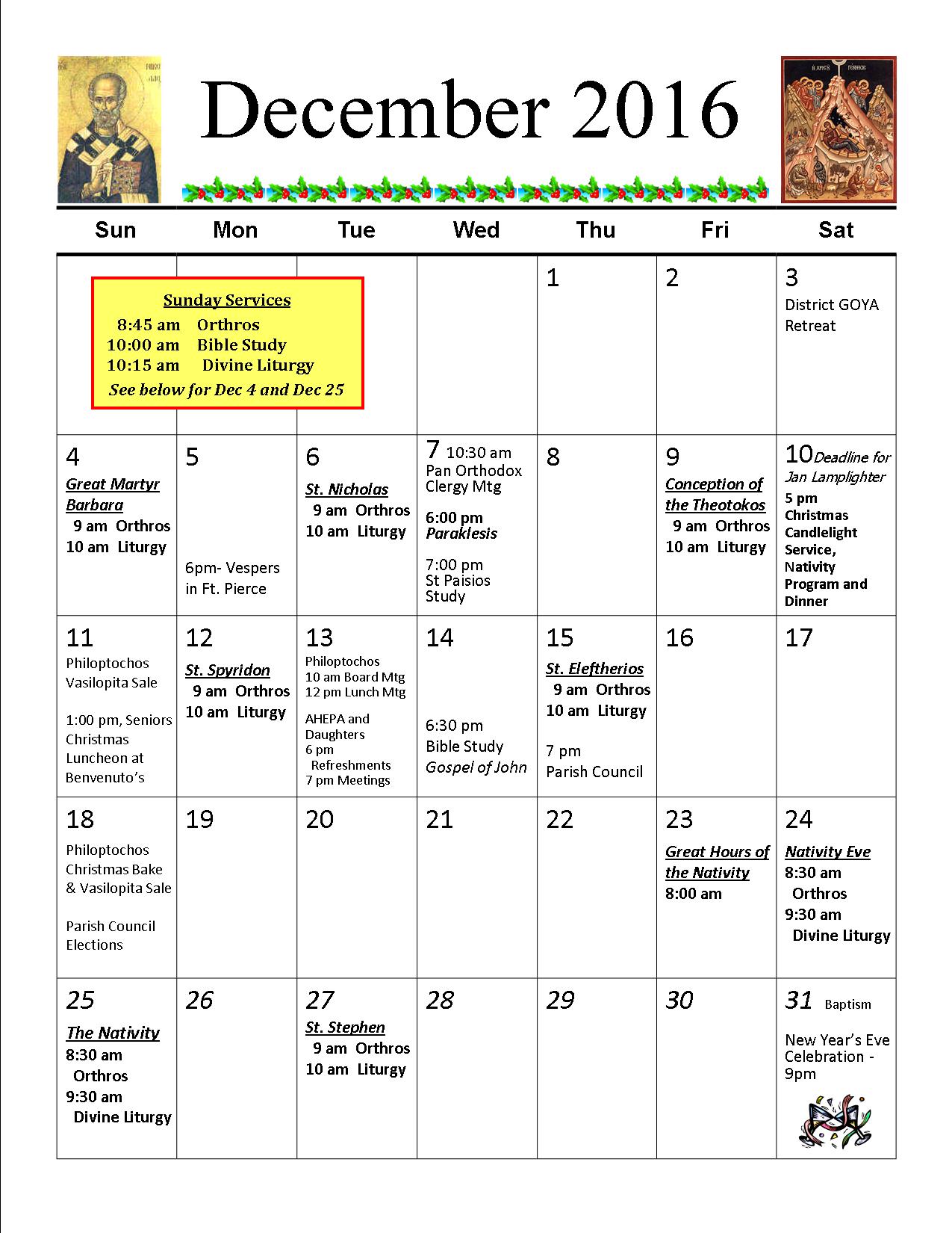 Parish Calendar St. Catherine Greek Orthodox Church